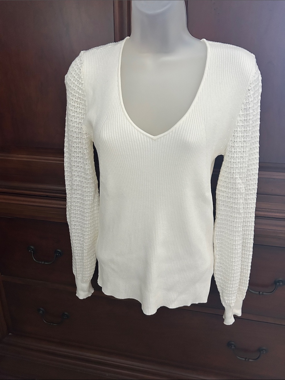 Talbots Ivory V-Neck Knit Sweater with Textured Sleeves